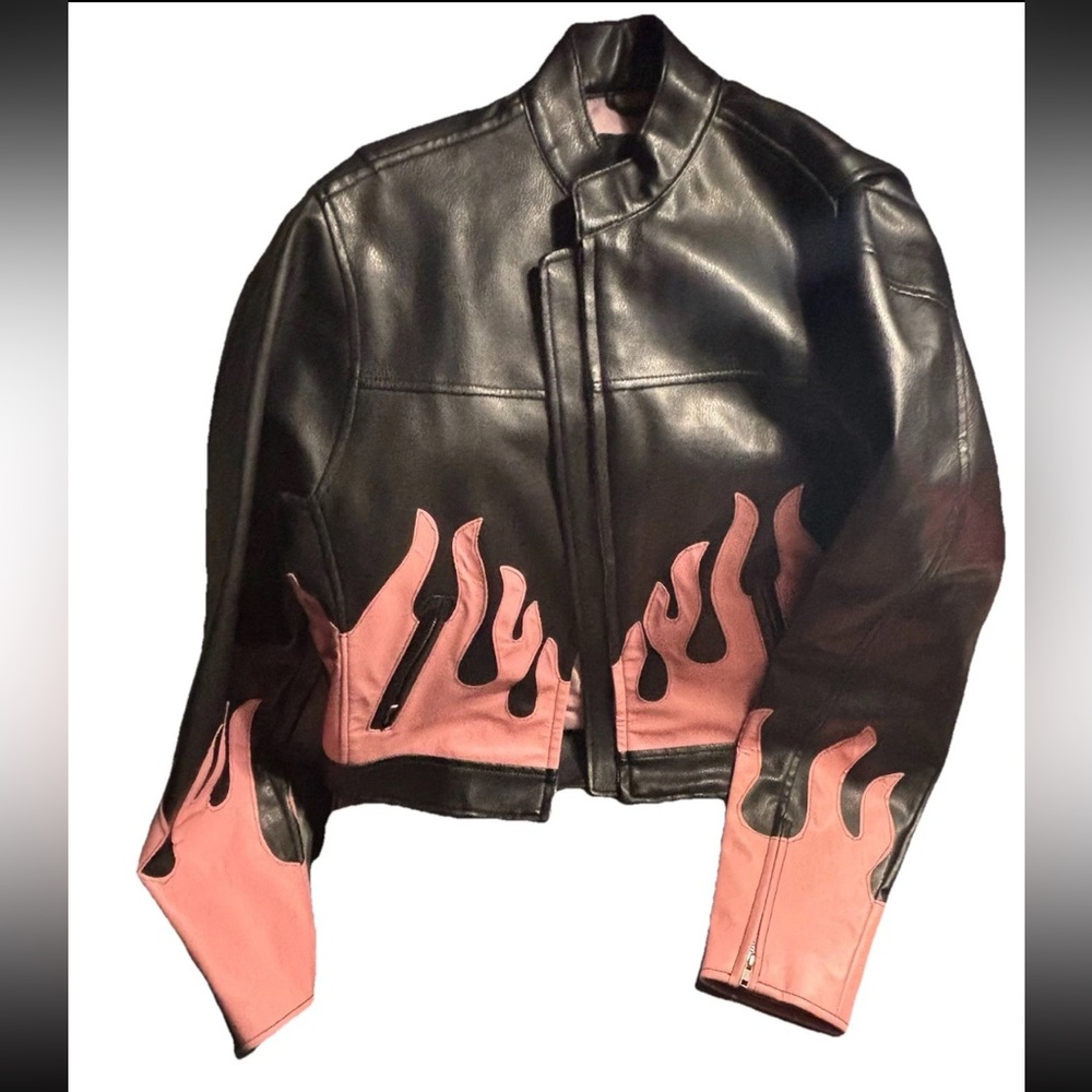 VTG Diamond Plate Black Faux Leather Motorcycle Jacket Pink Flames Women’s XL